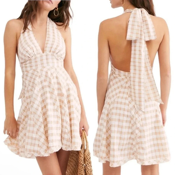 New Free people do the twist halter gingham plaid tea ob1120396 dress retro - Picture 2 of 14